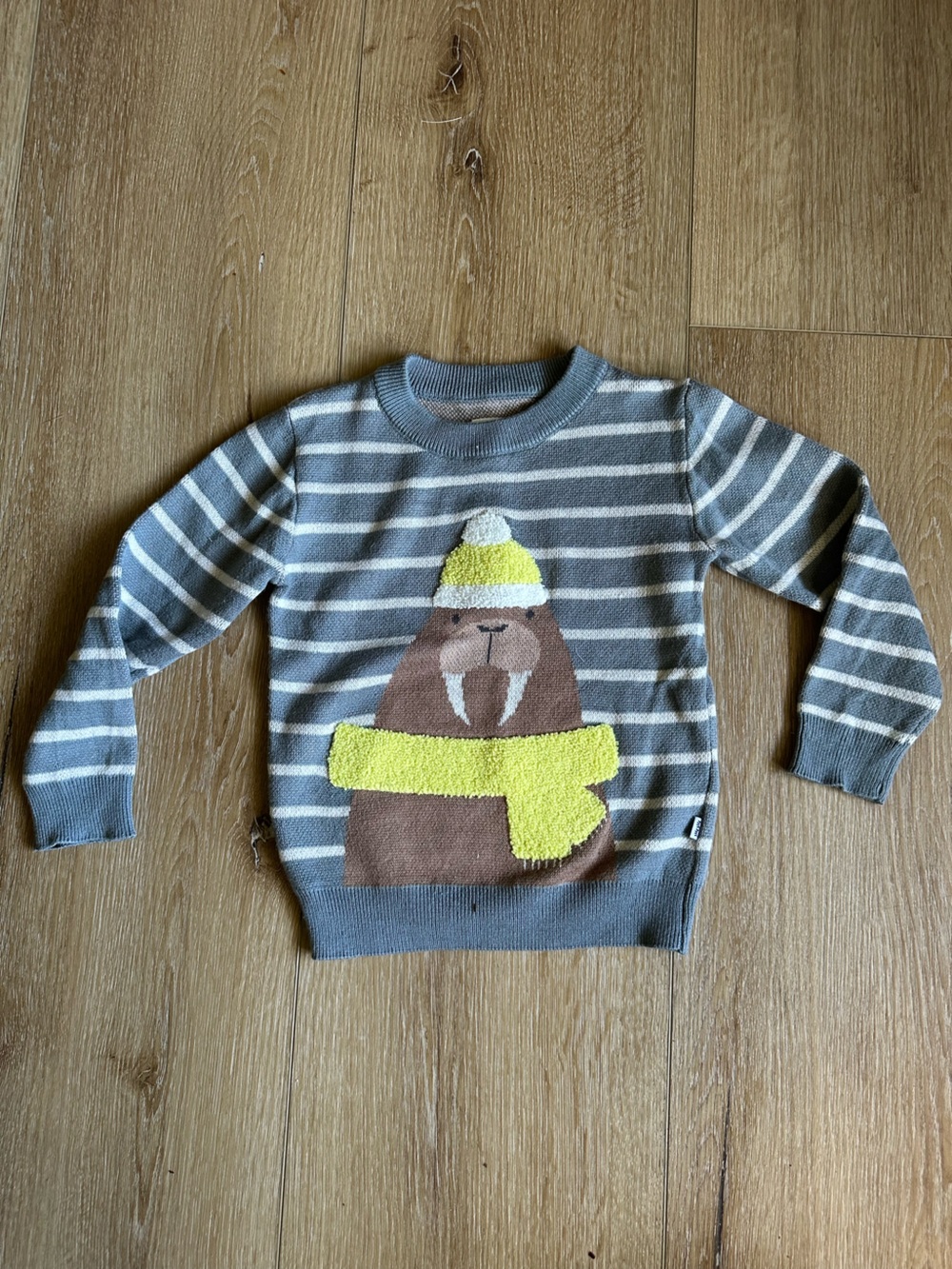 Little Sleepies Gray & White Striped Sweater with Bear and Yellow Accents